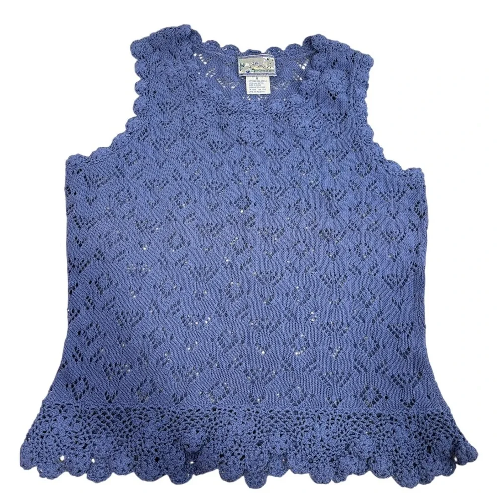 Vintage Corner Reading Periwinkle Blue Crochet Knit Sleeveless Top Small